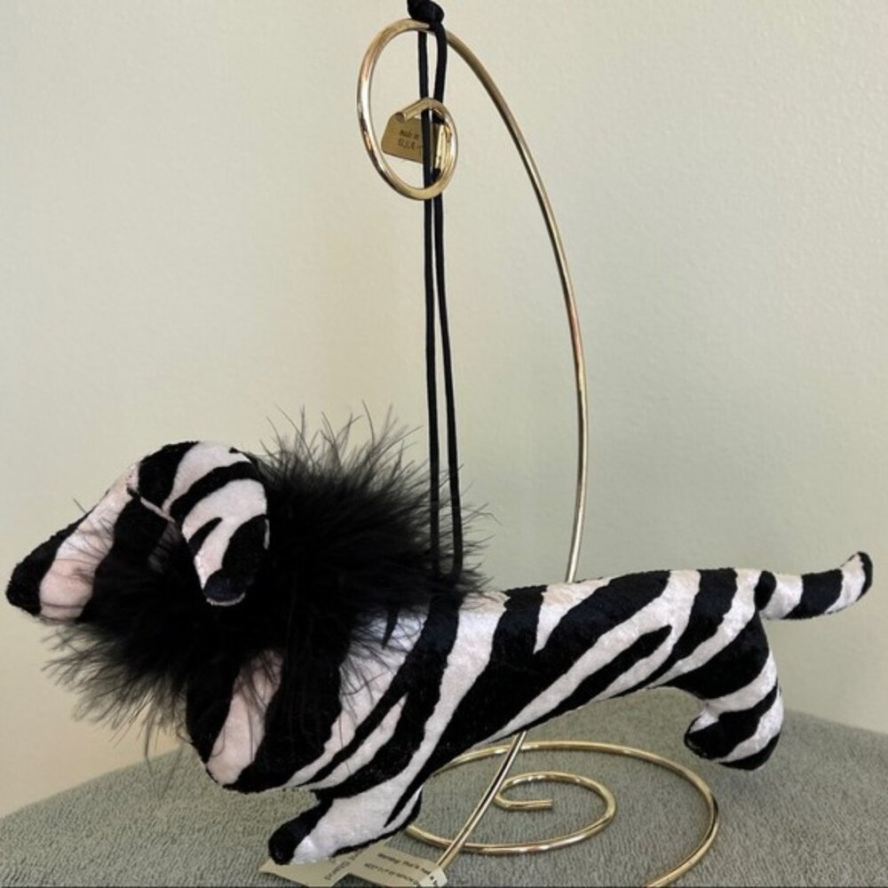 Zebra Print Dog Plush with Black Feather Collar